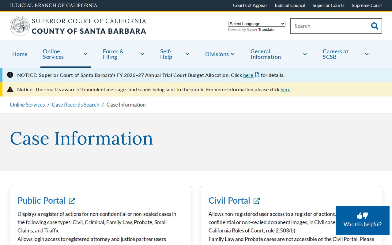 Santa Barbara County court case and arrest disposition search