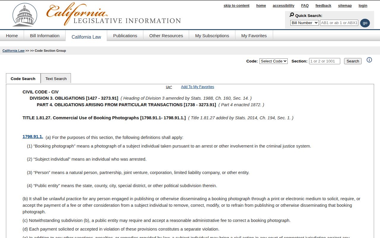 California Civil Code booking photograph removal law for Santa Barbara County records