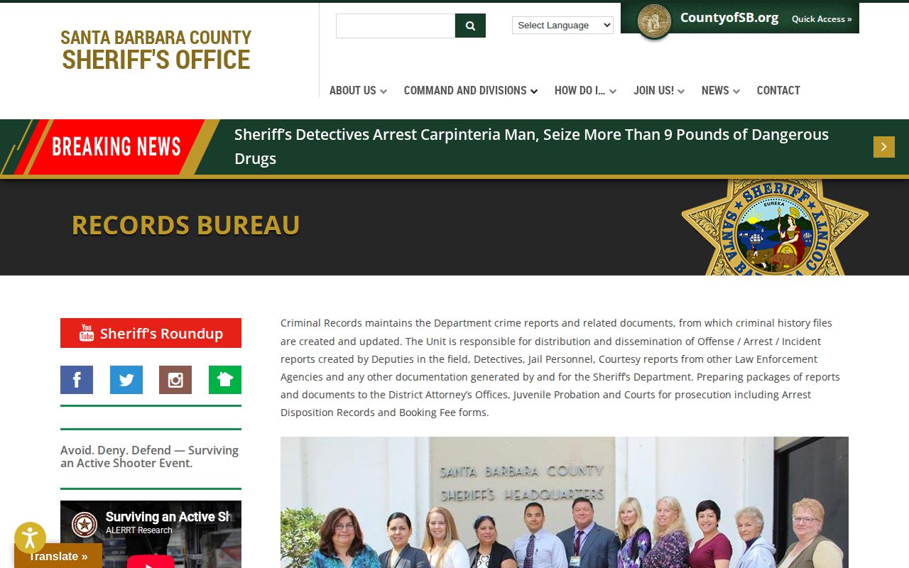 Santa Barbara County booking record and mugshot request page