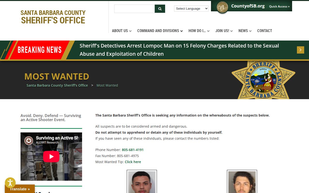 Santa Barbara County Most Wanted official warrant profile page